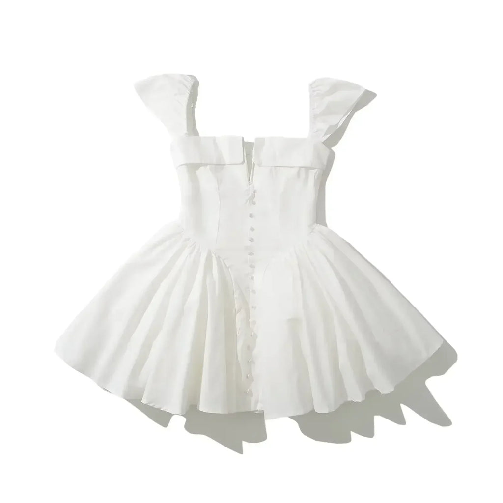 YENKYE Summer Women Sexy Fit And Flare White Mini Dresses Short Sleeve Low Waist Elegant Party Dress Ladies Bridesmaids Robe