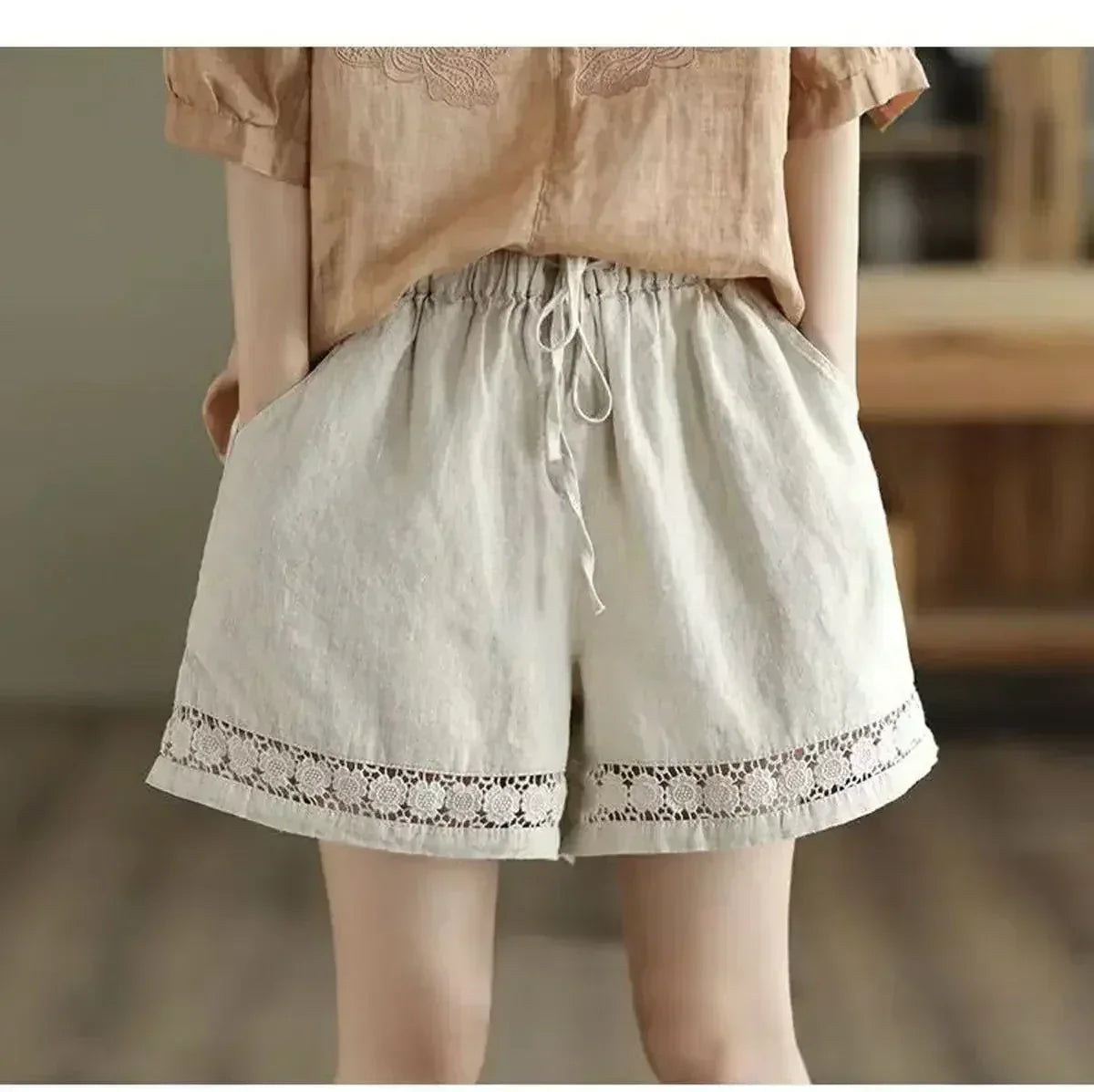 Cotton Linen Vintage High-Waist Elastic New Style Tie-Belt Embroidered Hollow Casual Straight Shorts