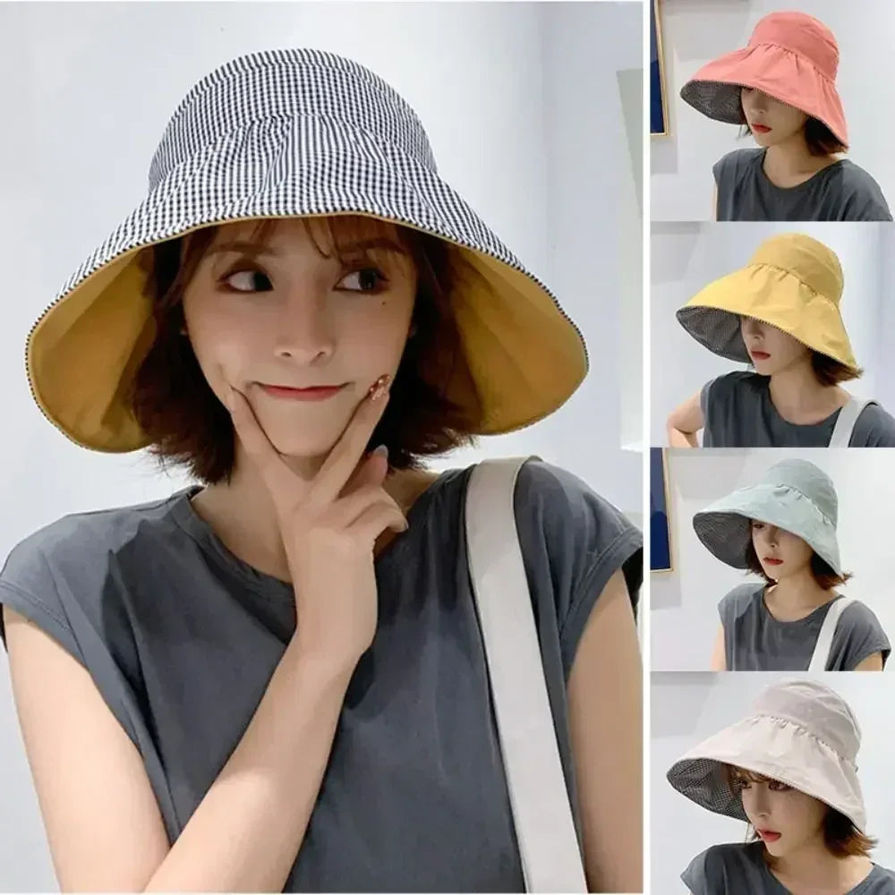 Foldable Sunscreen Hat New Big Brim Cotton Empty Top Cap Double Sided UV Protection Sun Hat