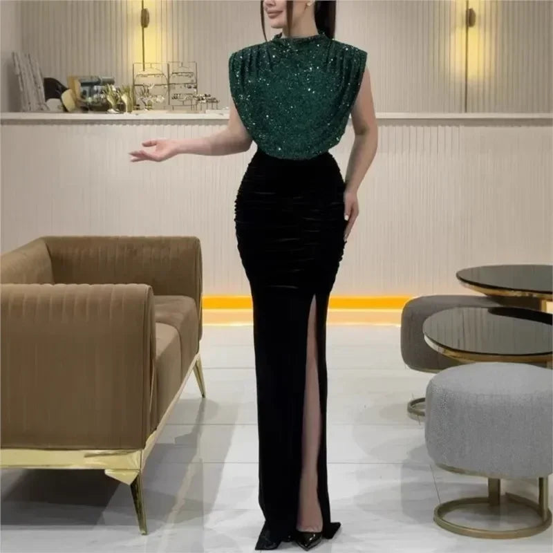 Lady Fashion Sleeveless Draped Split Dress Casual O Neck Sequin Splicing Party Dress 2025 New Year Elegant High Waist Long Dress