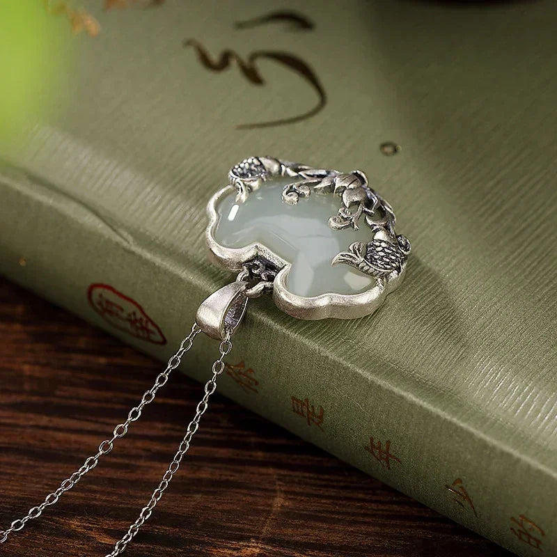 925 silver Natural Hotan Jade fish-shaped Lotus flower necklace Retro Chinese style Ruyi Pendant clavicle chain jewelry