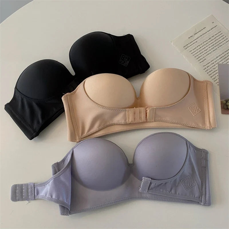 FINETOO Front Closure Strapless Bra For Woman Sexy Invisible Bras Underwear Female Push Up Brassiere One-piece Wireless Bralette