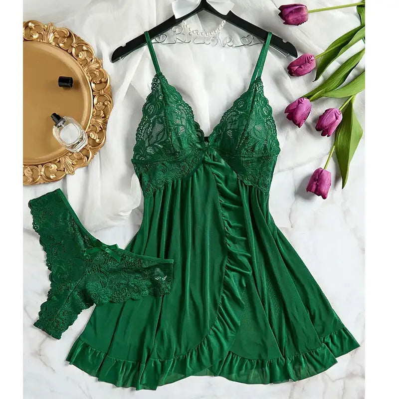 Tulle Ultra Sexy Nightgown V-neck Bra Open Sleep Skirt Night Erotic Dress Woman Sheer Pajamas Lingerie Thongs Luxury Kit