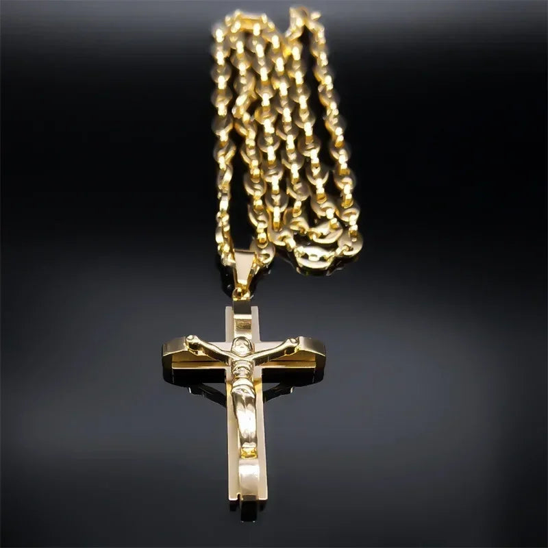 Jesus Cross Crucifix Pendant Necklace for Men Stainless Steel Gold Color Christian Coffee Bean Chain Jewelry croix chrétienne