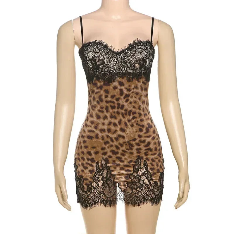 JULISSA MO Patchwork Printed Leopard Lace Women Mini Dress Spaghetti Strap High Waist Dress Summer Slim Elegant Party Club Dress