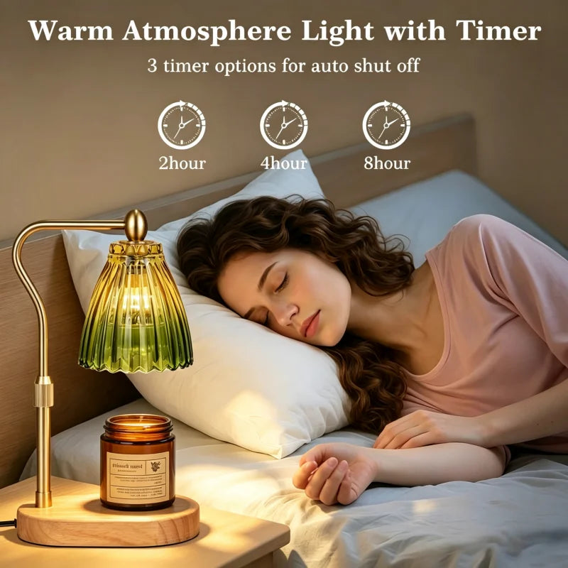 Retro Wooden Base Candle Warmer Lamp with Glass Shade & Timer