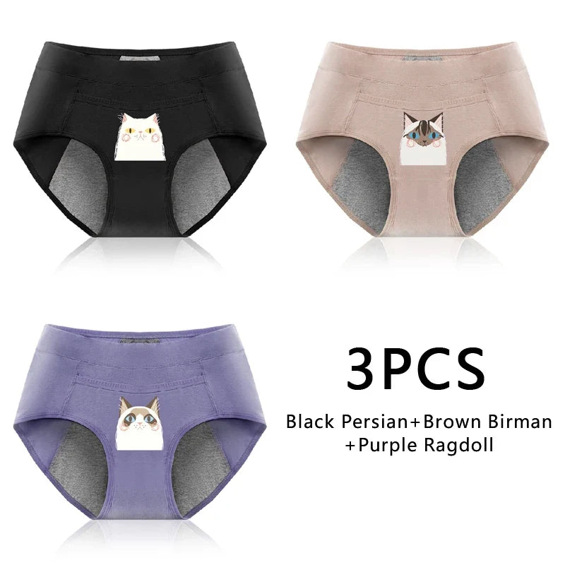3PCS Cotton Menstrual Panties Leak Proof Breathable Cartoon cat Panties Woman Women Girls Physiological Pants Women's Intimates