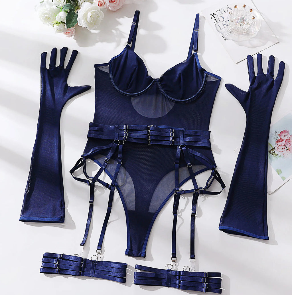 Bodysuit Sexy One-piece With Gloves Garters Mesh Women Rompers Clothing Body Suits Lace Jumpsuit Sweet Korean Women EV5W