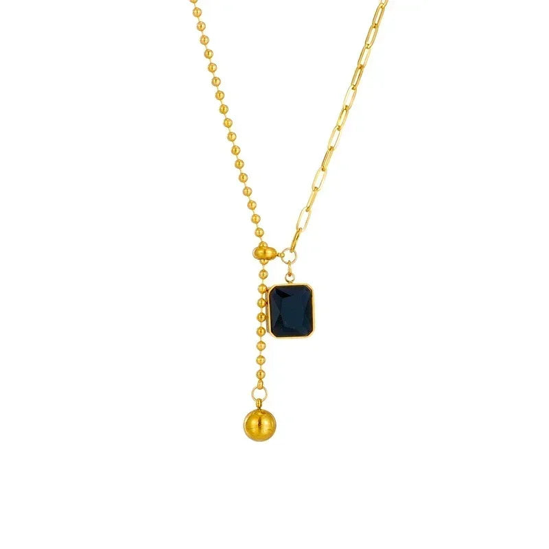 DIEYURO 316L Stainless Steel Zircon Necklace For Women Designer Gold Color Square Bead Pendant Necklaces Girls Body Jewelry Gift