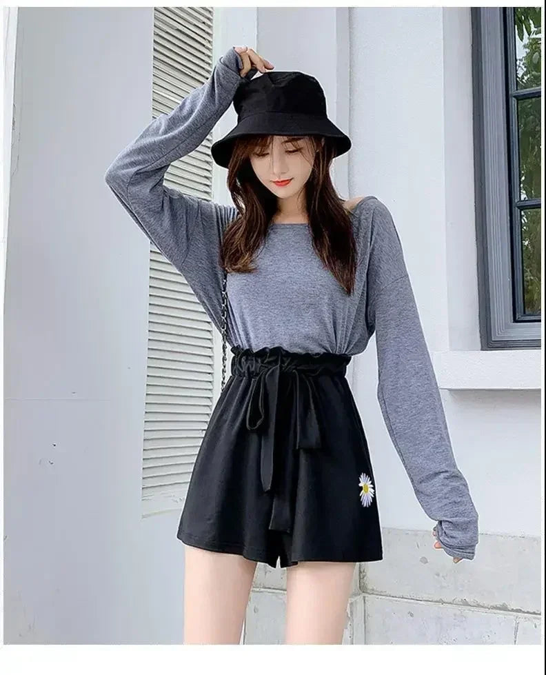 Summer Lightweight Black Casual Sports Pants Women Student Loose High-Waist Wide-Leg Shorts