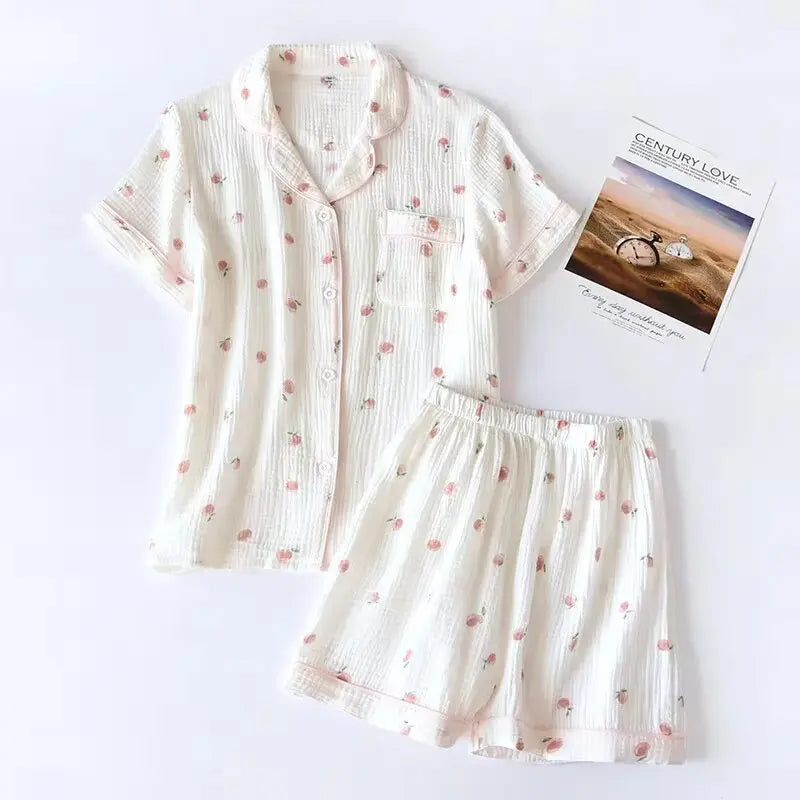 2025 Summer Ladies Short-sleeved Shorts Pajamas Set 100% Cotton Crepe Cloth Thin Home Service Two-piece Spring And Autumn Loose