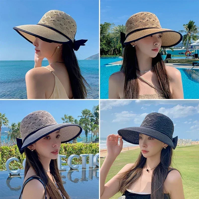 Women's Summer Straw Hat UV Protection Wide Brim | Breathable Bow Sun Hat Fashion Beach Accessory
