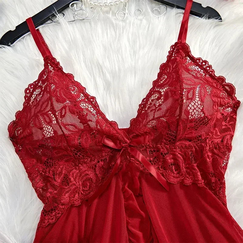 2 Pcs Set Sexy Lingerie Set Women Deep V Slip Dress Thong Erotic Bra Panty Sets Lace Nightdress Transparent Soft Nightgown