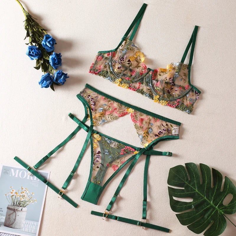 HIMEALAVO Lingerie Sensual Lace Underwear Transparent Embroidery 3-Piece Garters Fancy Beautiful Short Skin Care Kits Intimate