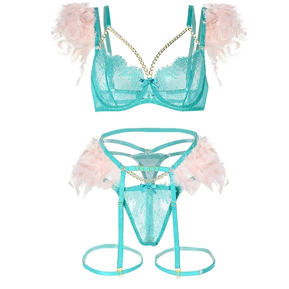 3-Piece Feather Decorated Lace Exotic Sets Women Sexy Patchwork Lingerie Set Chain Bra Panty Garter Underwear Kit For Female