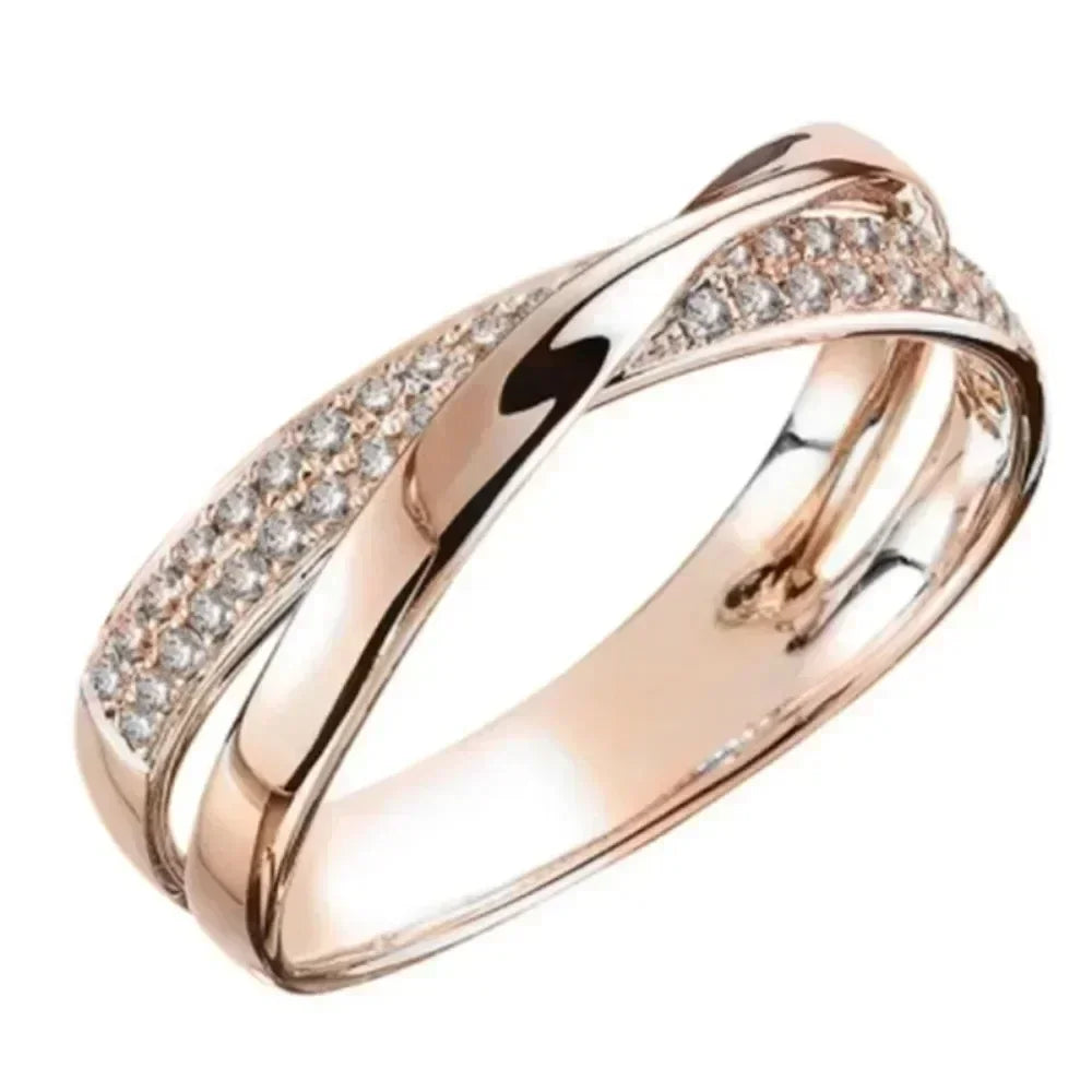 Classic Stainless Steel Two Tone X Shape Cross Ring for Women Wedding Trendy Jewelry Dazzling Zircon Wedding Rings Modern Rings