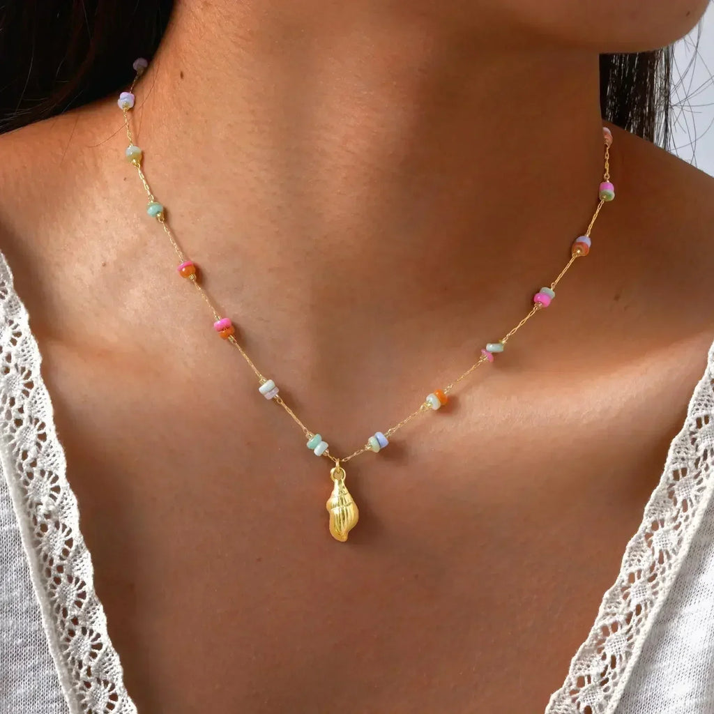 18k Gold Plated Pearl Shell Conch Starfish Summer Beach Necklace, Charms Necklace for Women,Stainless Steel Waterproof Jewelry