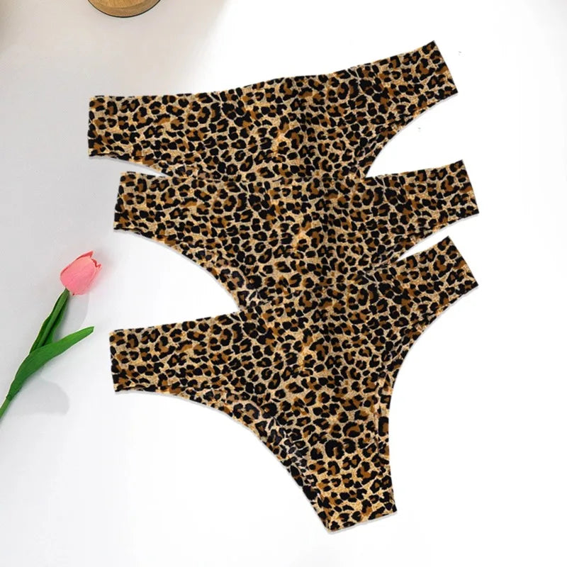 WarmSteps 3Pcs/Set Sexy Leopard Thongs Women's Panties Thongs 2024 New Female Underwear Seamless Printed Panties Ice Silk Briefs