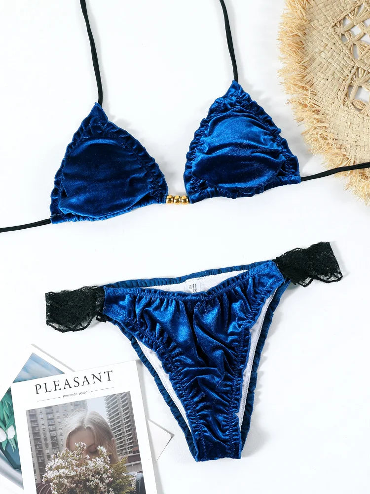 Triangle Lace Bikinis Sexy Swimsuit Women Low Waist Bikini Sets Push Up Swimwear Mujer Beachwear Two Pieces Suit Solid Biquini