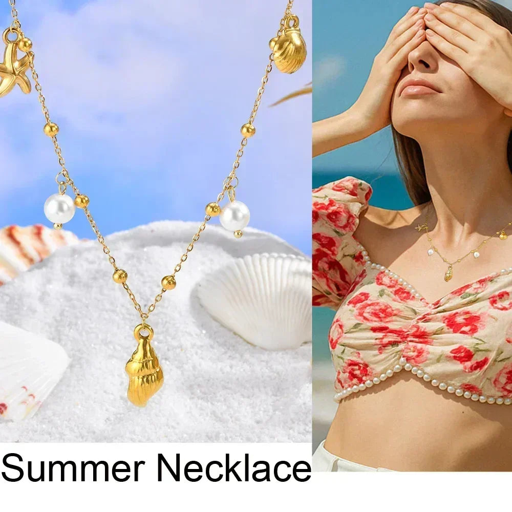 18k Gold Plated Pearl Shell Conch Starfish Summer Beach Necklace, Charms Necklace for Women,Stainless Steel Waterproof Jewelry
