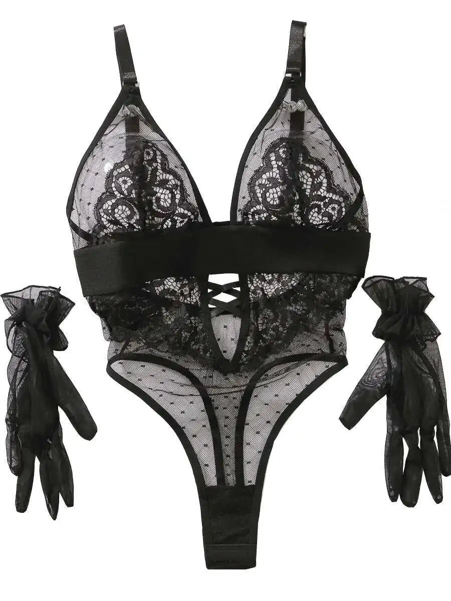 Sexy Bodysuits Polka Dot Mesh Flower Embroidery Lace Glove Backless Deep V Suspenders Sleeveless Bodysuits Charming Casual LE4A