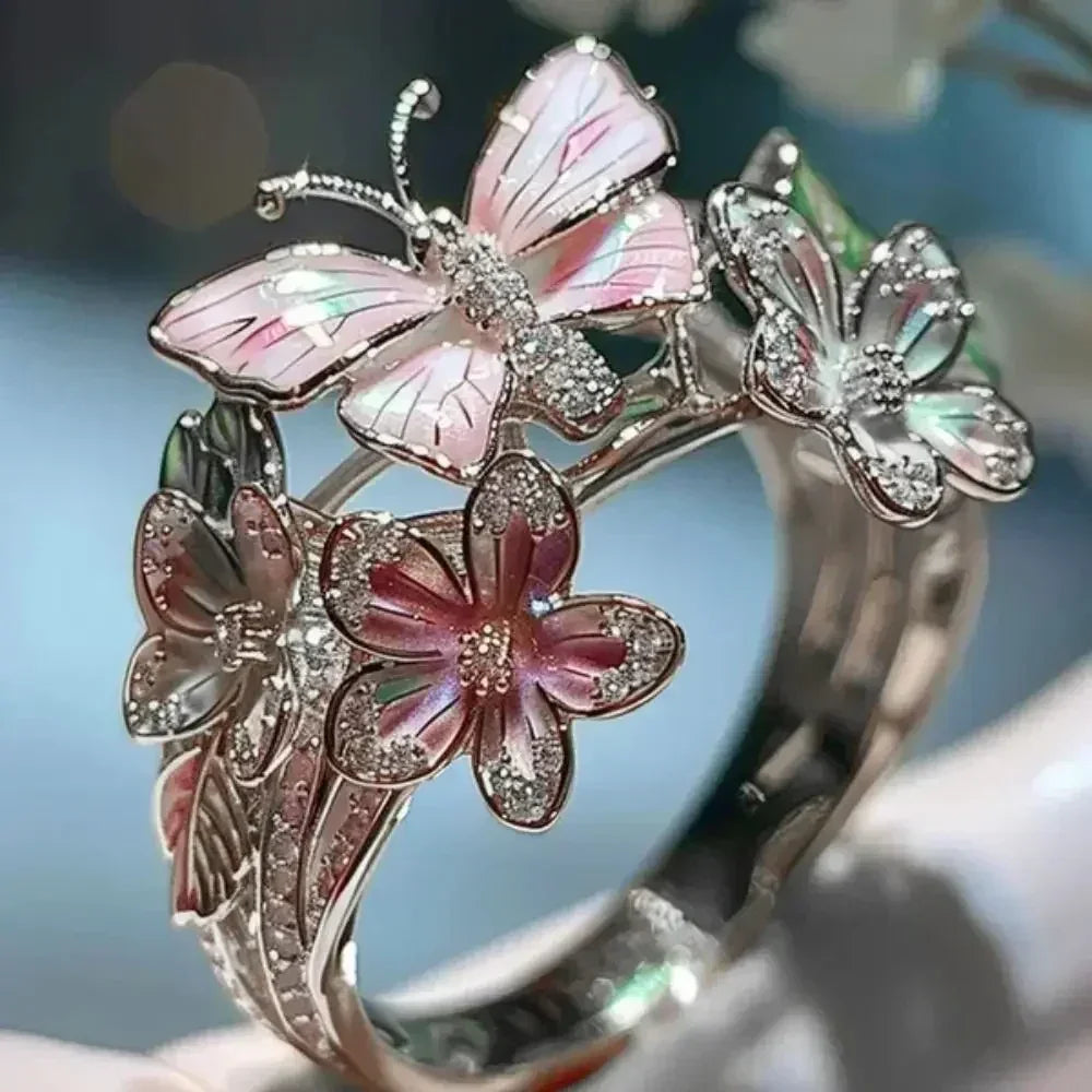 Aesthetic Flower Butterfly Rings for Female Romantic Rhinestone Stylish Non-fading Opening Ring Women Wedding Jewelry Party Gift