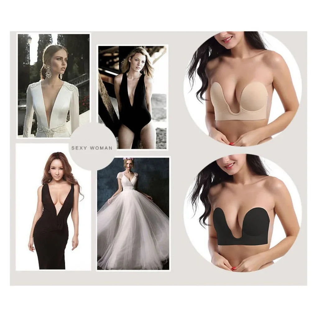 Strapless U Shaped Invisible Adhesive Plunge Silicone Bra Reusable Strapless Backless Breast Lifting Push Up Dress Underwear