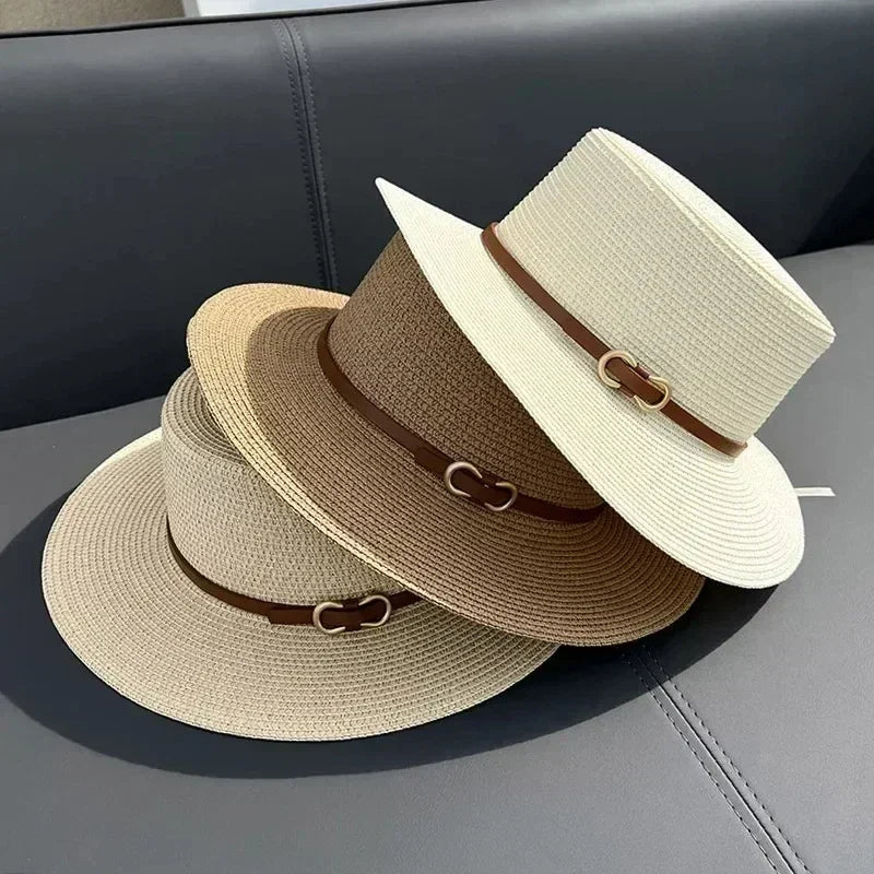 Simple Straw Summer Women Beach Hat Female Casual Panama Hat Women Flat Brim Bowknot Straw Cap Girls Sun Hat