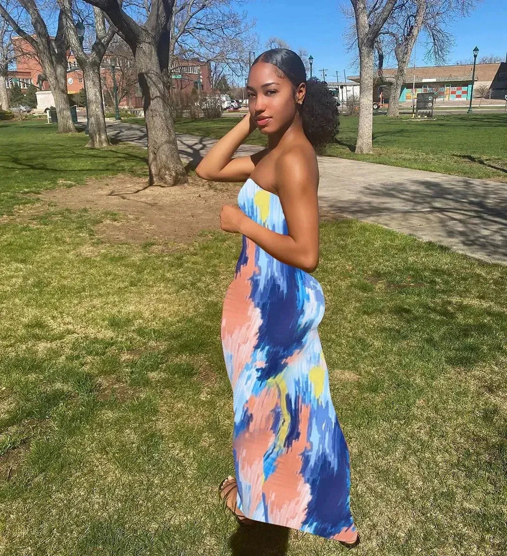 Spring And Summer Dresses For Women Chest Wrap Printed Off Shoulder Bandage Slim Sexy Long Dress 2023 New Fashion party MsChuh