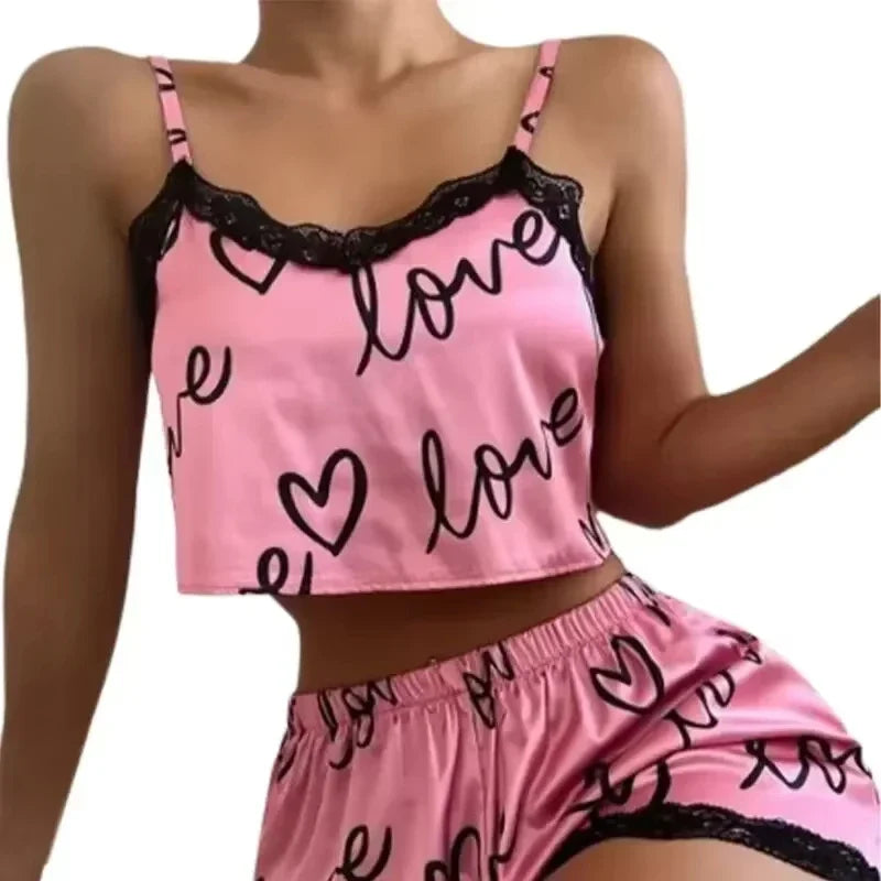 2 Pieces Set Women'S Pajama Shorts Suit Homewear Print Underwear Pijama Sexy Lingerie Camisoles Tanks Nighty Ladies Sleepwear
