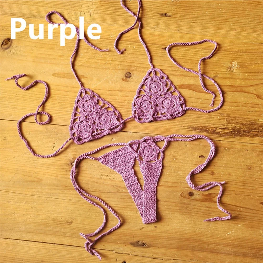 Women Sexy Handmade Bikini Sets Crochet Flower Solid Color Lace Thong String Swimwear Sunbathing Swimsuit Beach Wear Lace-up