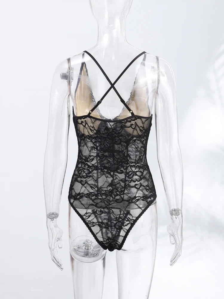 Sexy Lace Halter Bodysuits Women's Slim Sleeveless Waist-cinching Deep V-neck Suits 2026 New Ladies Spring Summer Solid Outwear