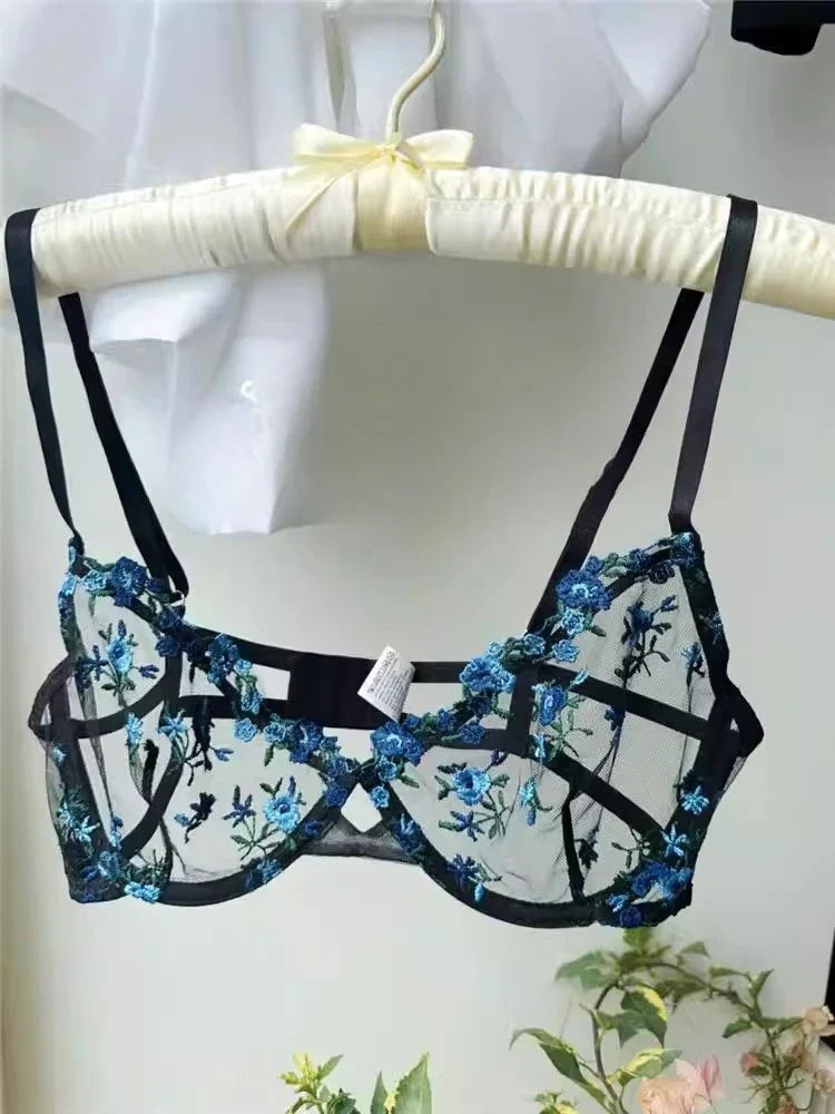 YUQI French Style Luxury Lingerie-Floral Embroidery Black Sheer Bra Set, Sensual Women's Intimates Elegant Transparent Underwear