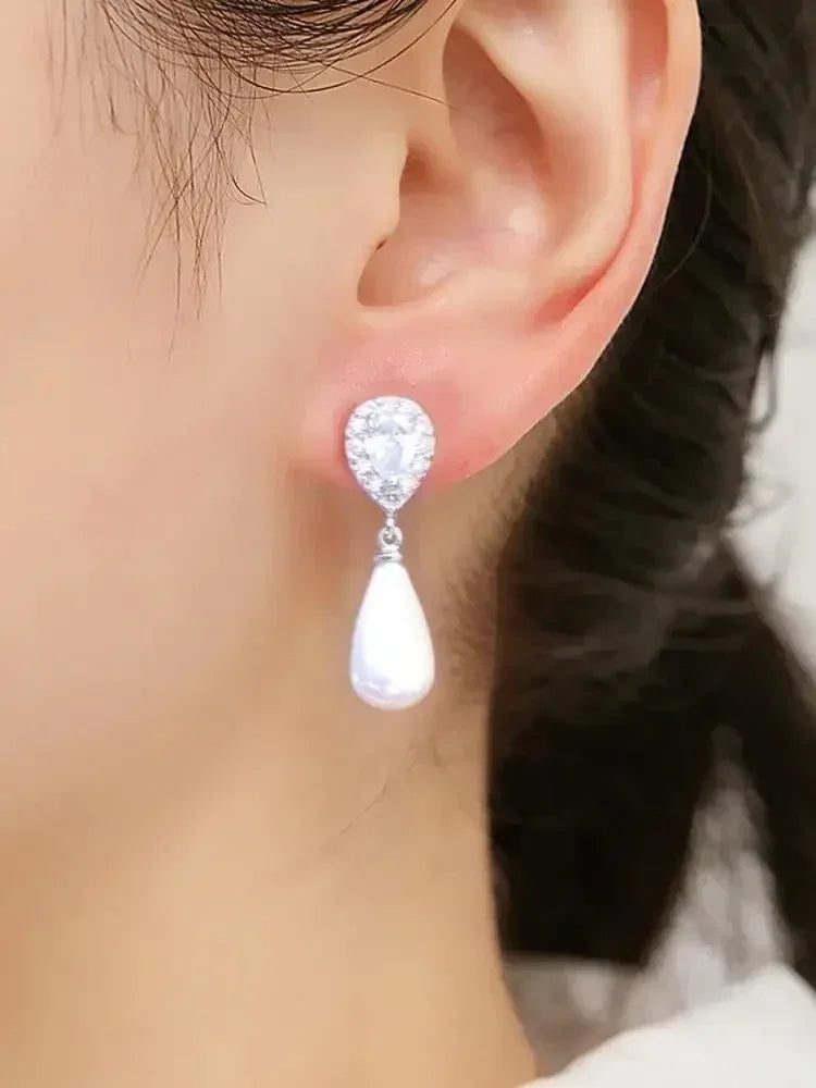 ZAKOL Stylish Teardrop Imitation Pearl Dangle Earrings Water Drop Cubic Zirconia for Women Bridal Earring Wedding Jewelry Bijoux