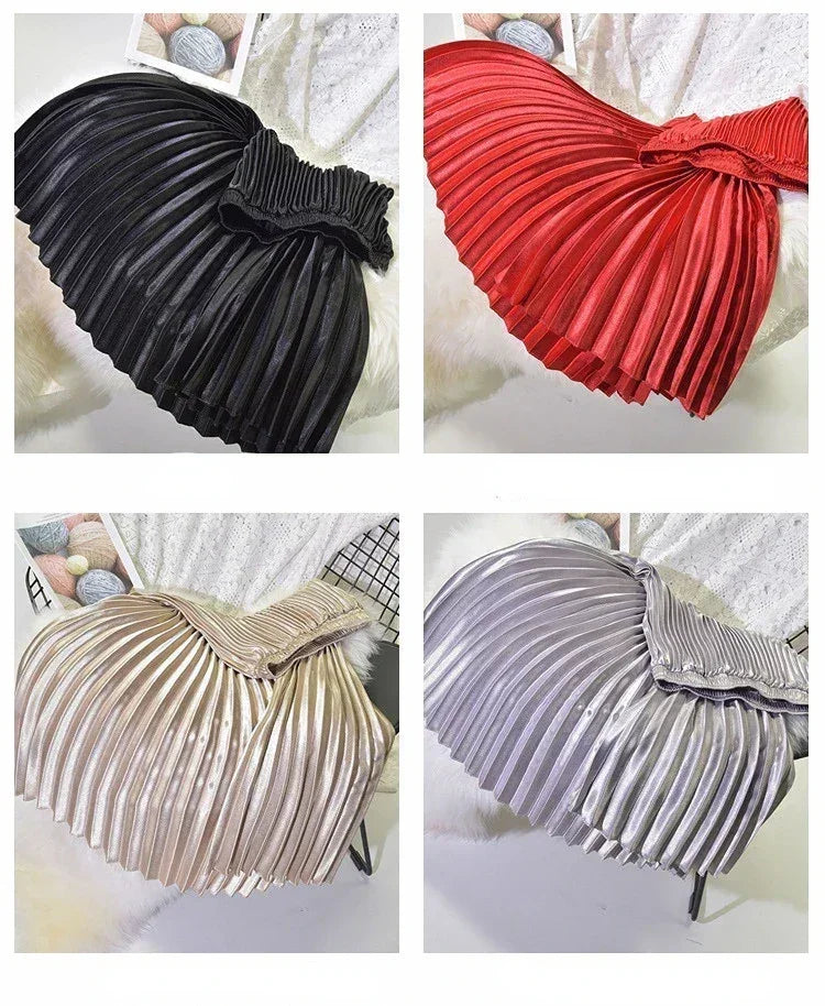 Classic Golden Velvet Pleated Skirt High Waist Retro Style Fashion Office Lady Pleated Long Skirt Winter Velvet Skirt 90cm Long