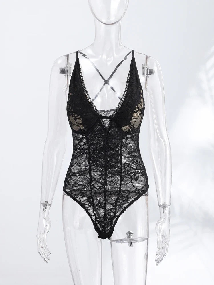 Sexy Lace Halter Bodysuits Women's Slim Sleeveless Waist-cinching Deep V-neck Suits 2026 New Ladies Spring Summer Solid Outwear