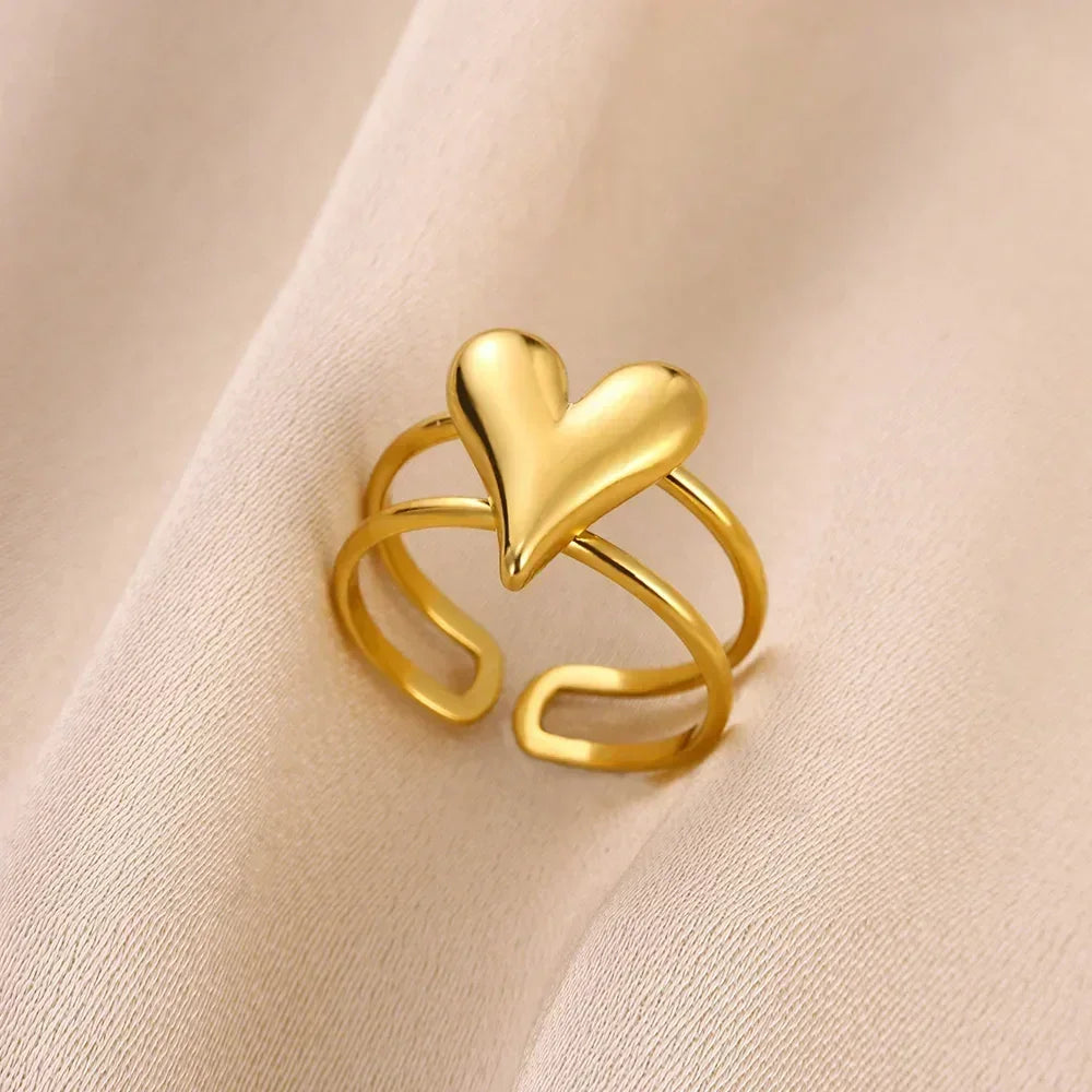 Stainless Steel Flower Open Rings For Women Trend Wedding Heart Jewelry Gold Color Geometric Hollow Ring Daily Accessories Gift