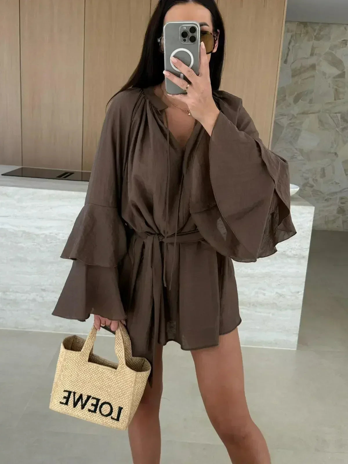Elegant Fold Dress Women Brown Deep V-neck Long Sleeve Mini Dresses Female 2025 Spring Summer Fashion Loose Lady Vestidos
