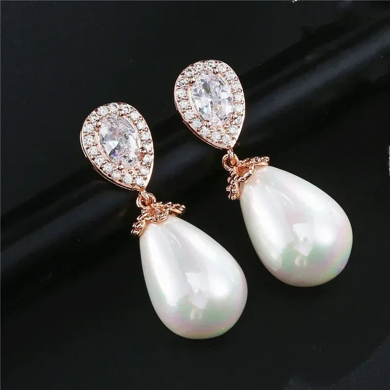 ZAKOL Stylish Teardrop Imitation Pearl Dangle Earrings Water Drop Cubic Zirconia for Women Bridal Earring Wedding Jewelry Bijoux