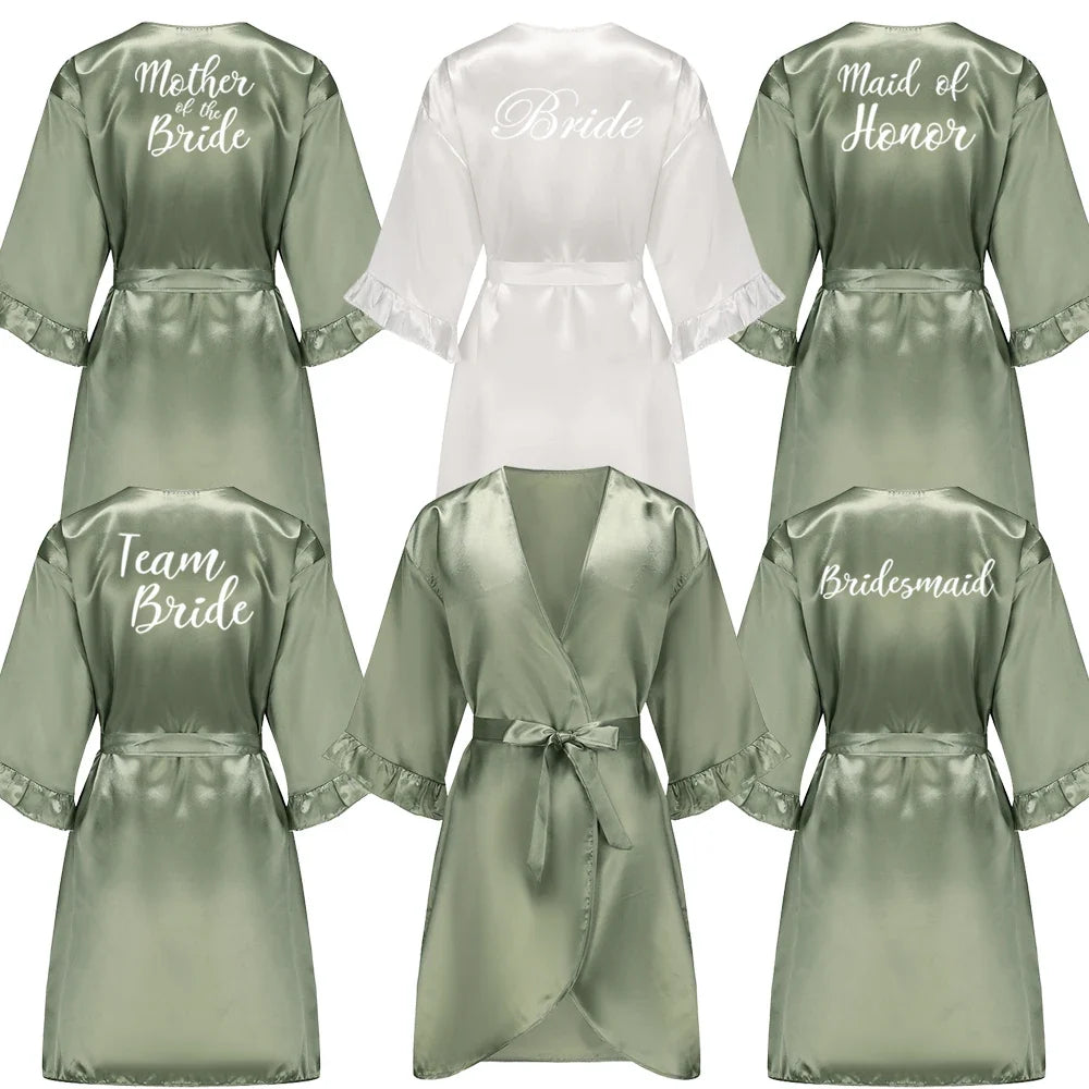 Grass Green Bride Satin-Silk Robe Women Bridal Party Sister Team Mother Shower Gift Bridesmaid Wedding Short Robes with Ruffle