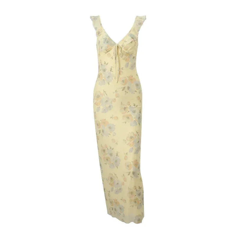 Yellow Floral Maxi Dress | Retro V-Neck Summer Party Gown -femstylo