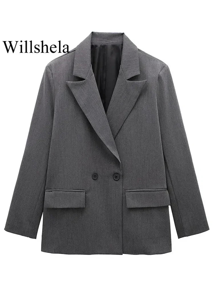 Willshela Women Fashion With Pockets Solid Double Breasted Blazer Vintage Long Sleeves Notched Neck Female Office Lady Outfits