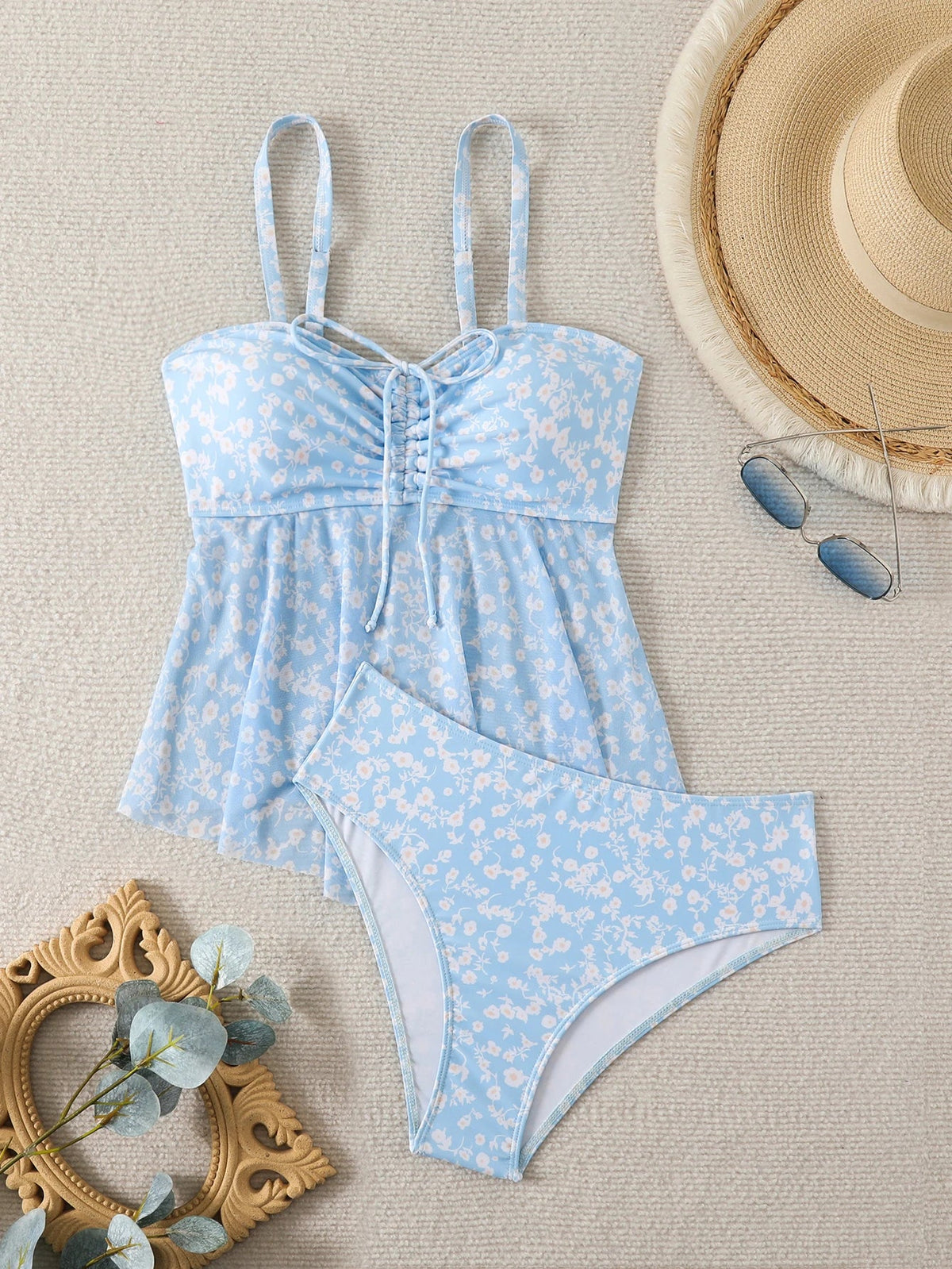 2026 Ruffle Tankini Two Pieces Strappy Swimsuit Women Drawstring Swimwear Female Bathers Bathing Swimming Swim Suit Beachwear