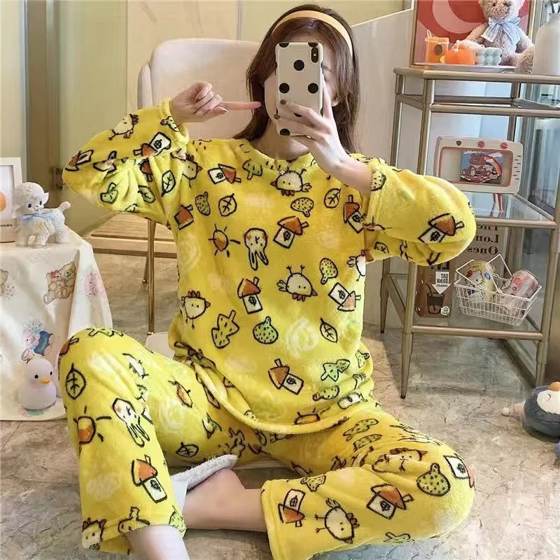 Thiened Long Sve Coral Fce Pajamas Women's Winter Home Clothes Set Cute Cartoon Print round Ne Spwear Set for Youth