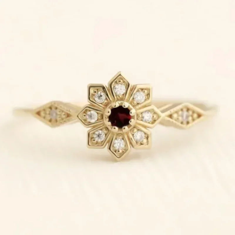 Luxury Women Rings Gold Color Round Flower Red White Stone Rings Party Accessories Gift
