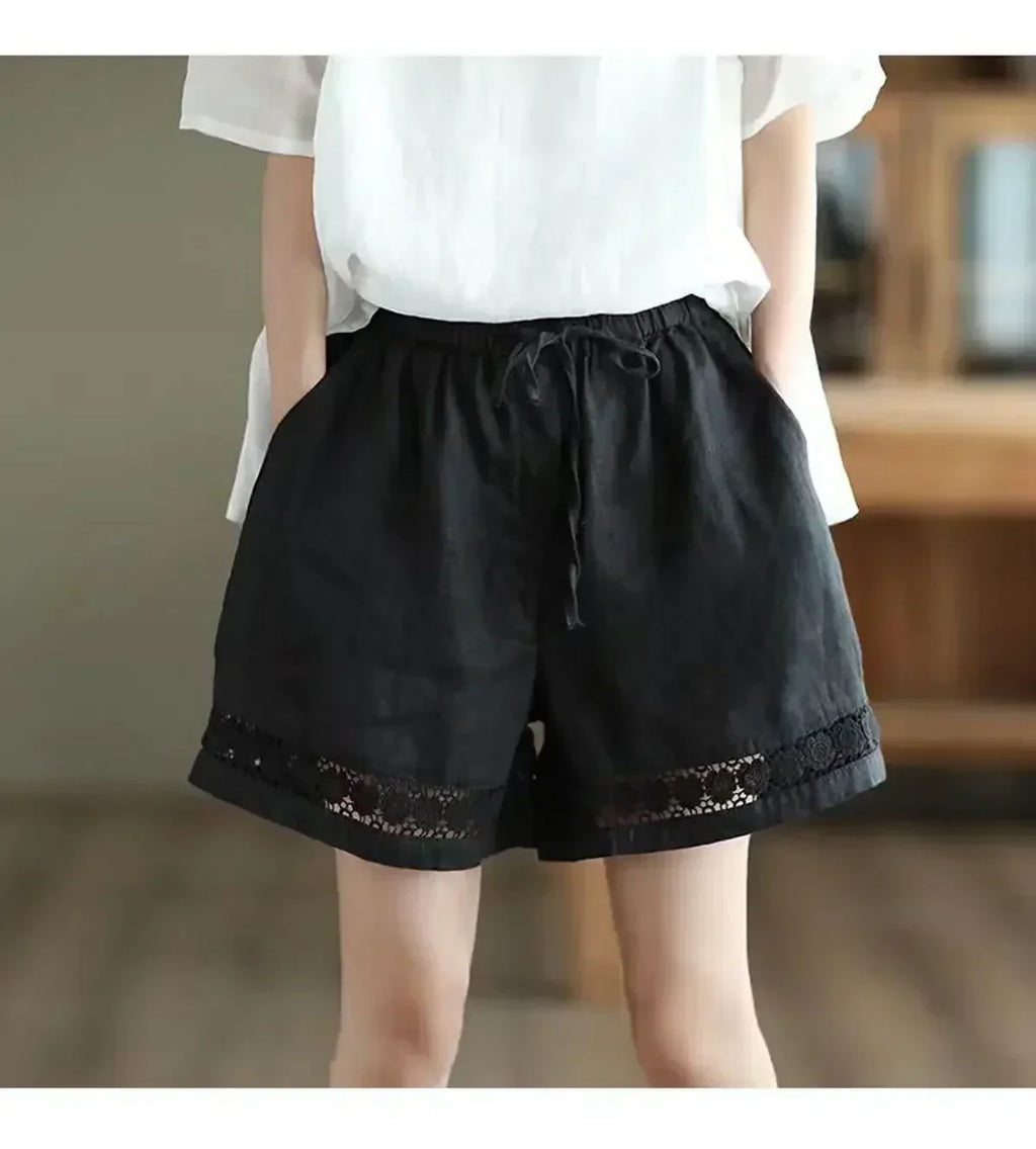 Cotton Linen Vintage High-Waist Elastic New Style Tie-Belt Embroidered Hollow Casual Straight Shorts