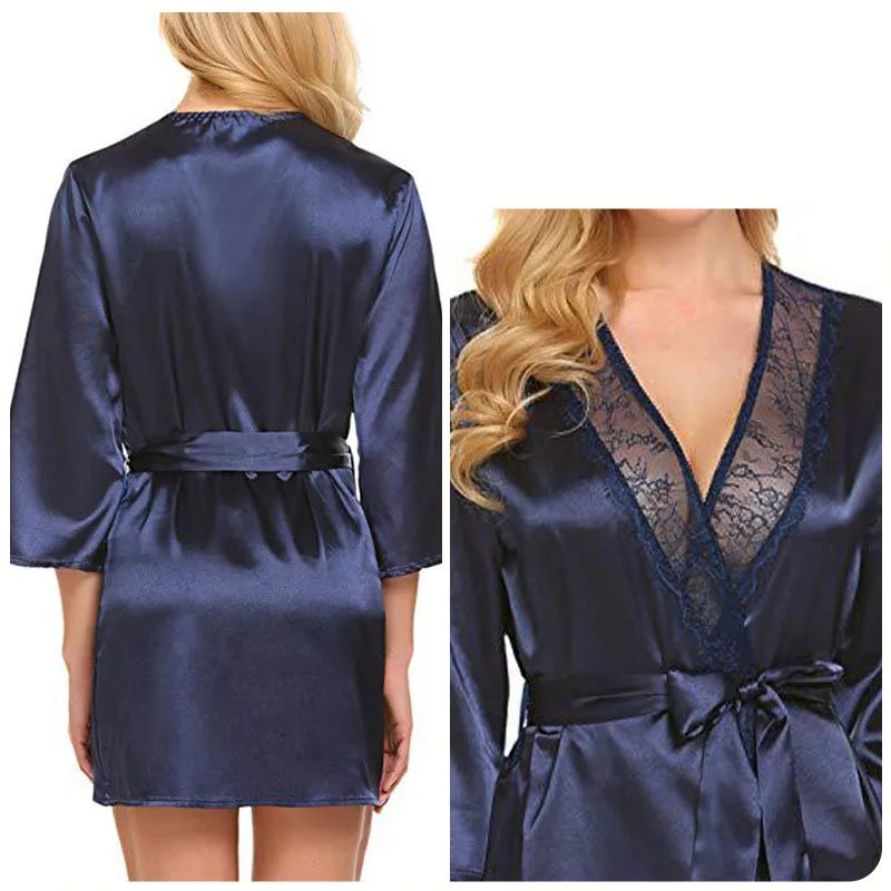 Women Sexy Lace Satin Robe Sleepwear Short Nightgown Kimono Bathrobe Lingerie Nighty Dress Soft Comfortable Black Plus Size