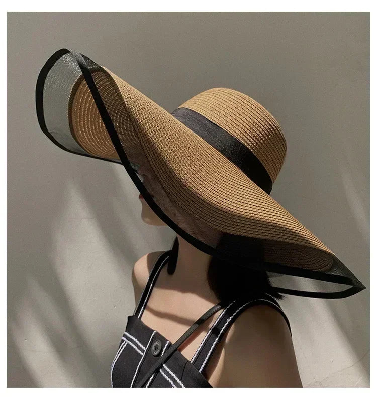 Women Sun Hat Big Eaves Waves Beach Cap Ladies Hat Big Brim Sun Visors UV Cut Bucket Panama Cap Foldable Straw Sunscreen Vintage