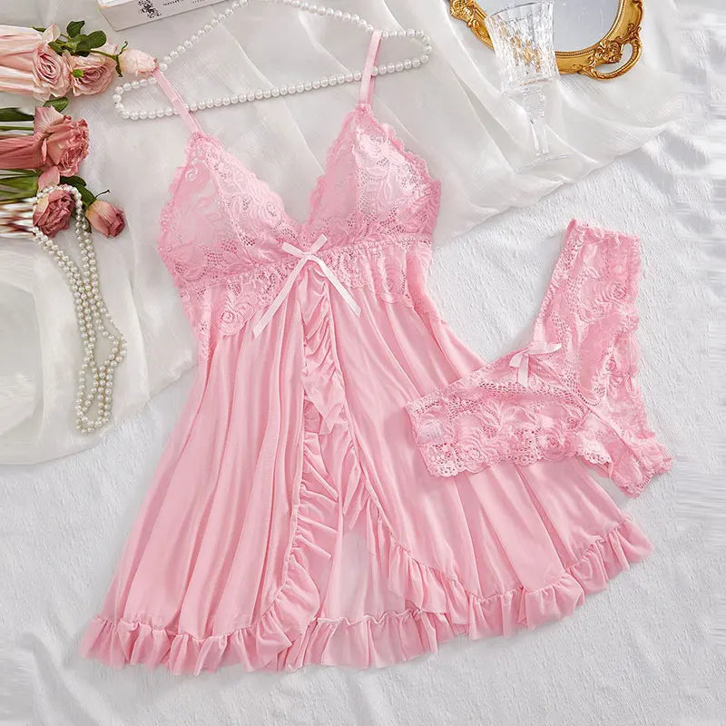 Tulle Ultra Sexy Nightgown V-neck Bra Open Sleep Skirt Night Erotic Dress Woman Sheer Pajamas Lingerie Thongs Luxury Kit