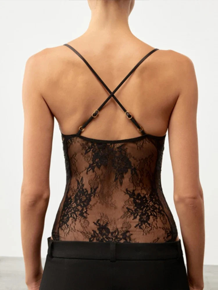 Sexy Women's Bodysuit Halter Deep V-neck Sleeveless Lace Solid Slim Female Bodysuits 2026 Summer New Fashion Party Chic Lady Top
